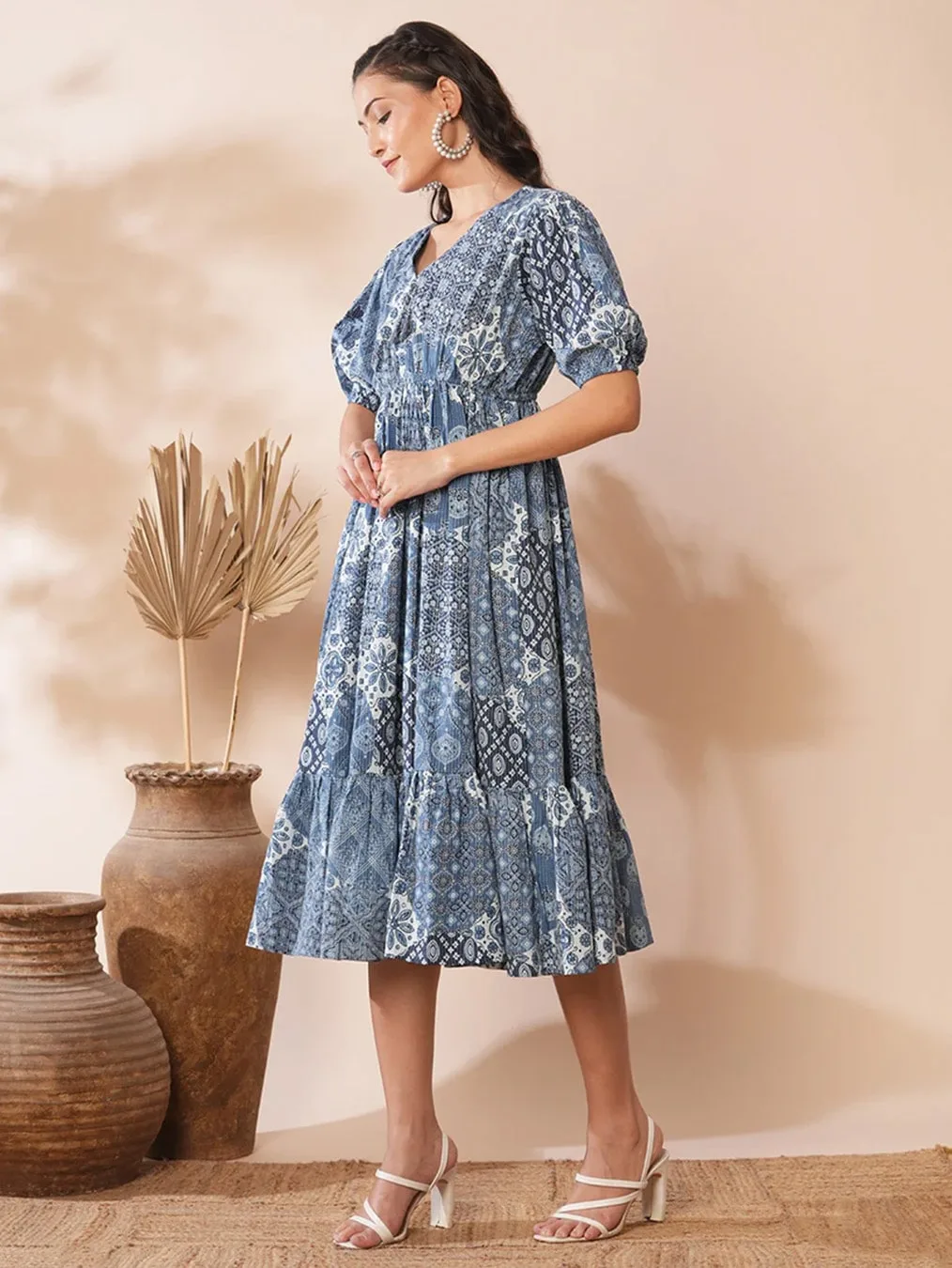 Blue Traditional Patterned Dress – Image 2