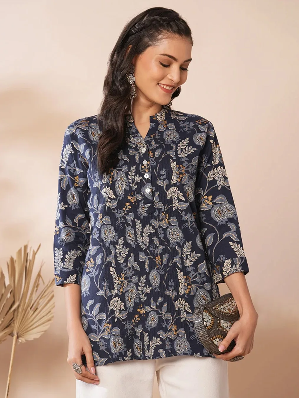 Blue Shirt with Floral Leaf Print